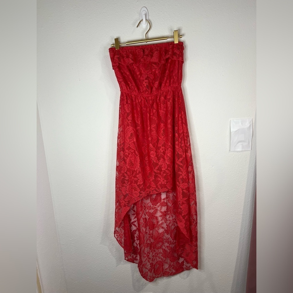 Trixxi Coral Strapless Lace Hi-Low Dress Festival Boho Formal Romantic Small